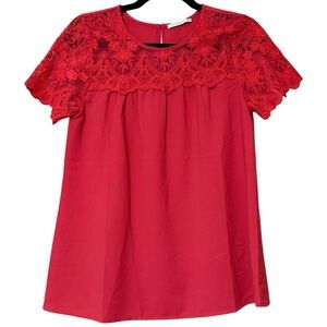 STACCATO women’s size small lace sleeve keyhole button closure coral salmon tone